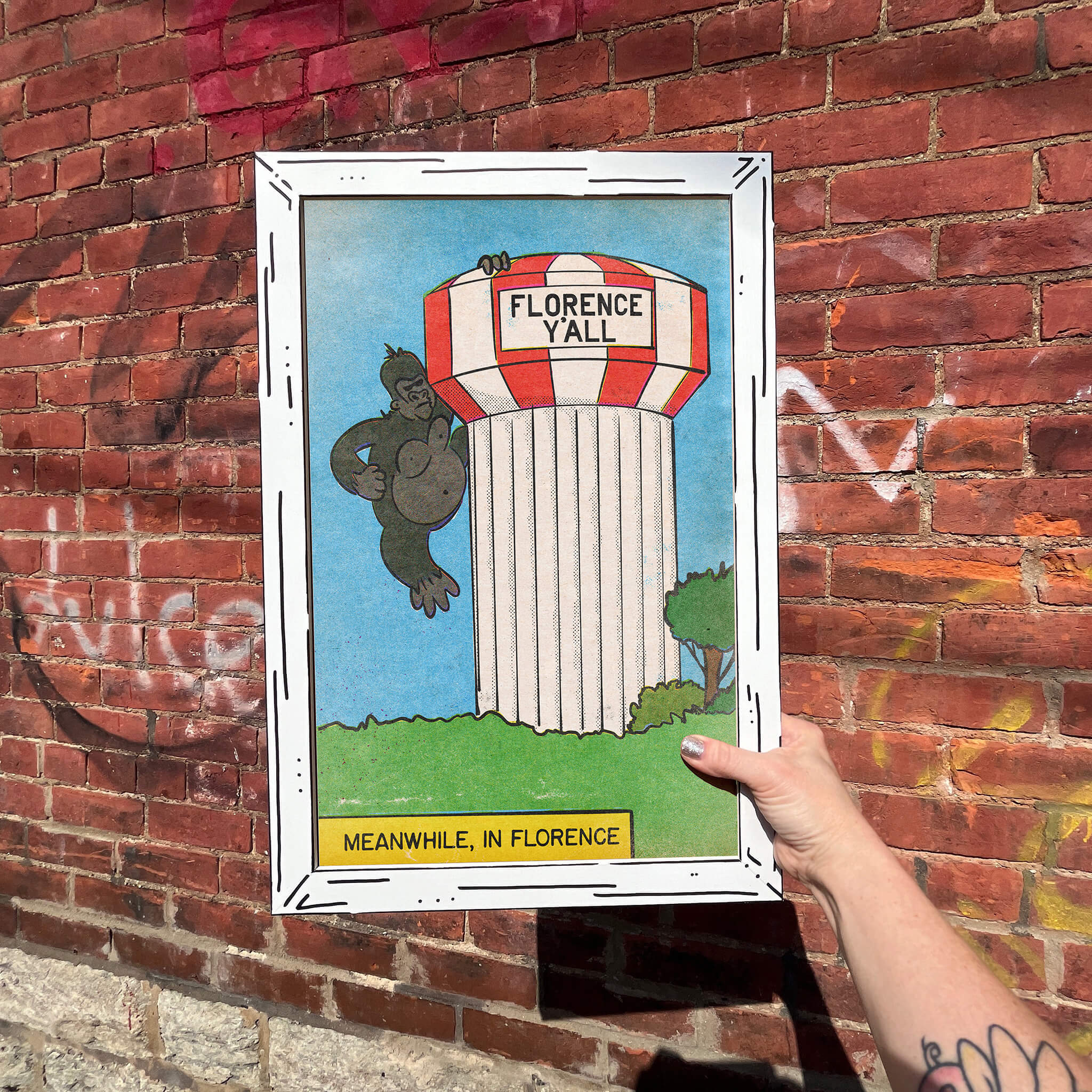 Florence Y'all Water Tower Gorilla Attack Art Print