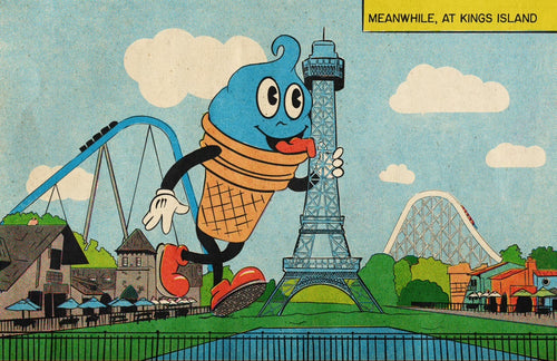 Comic style illustration of Kings island blue ice cream licking the park’s Eiffel Tower. 