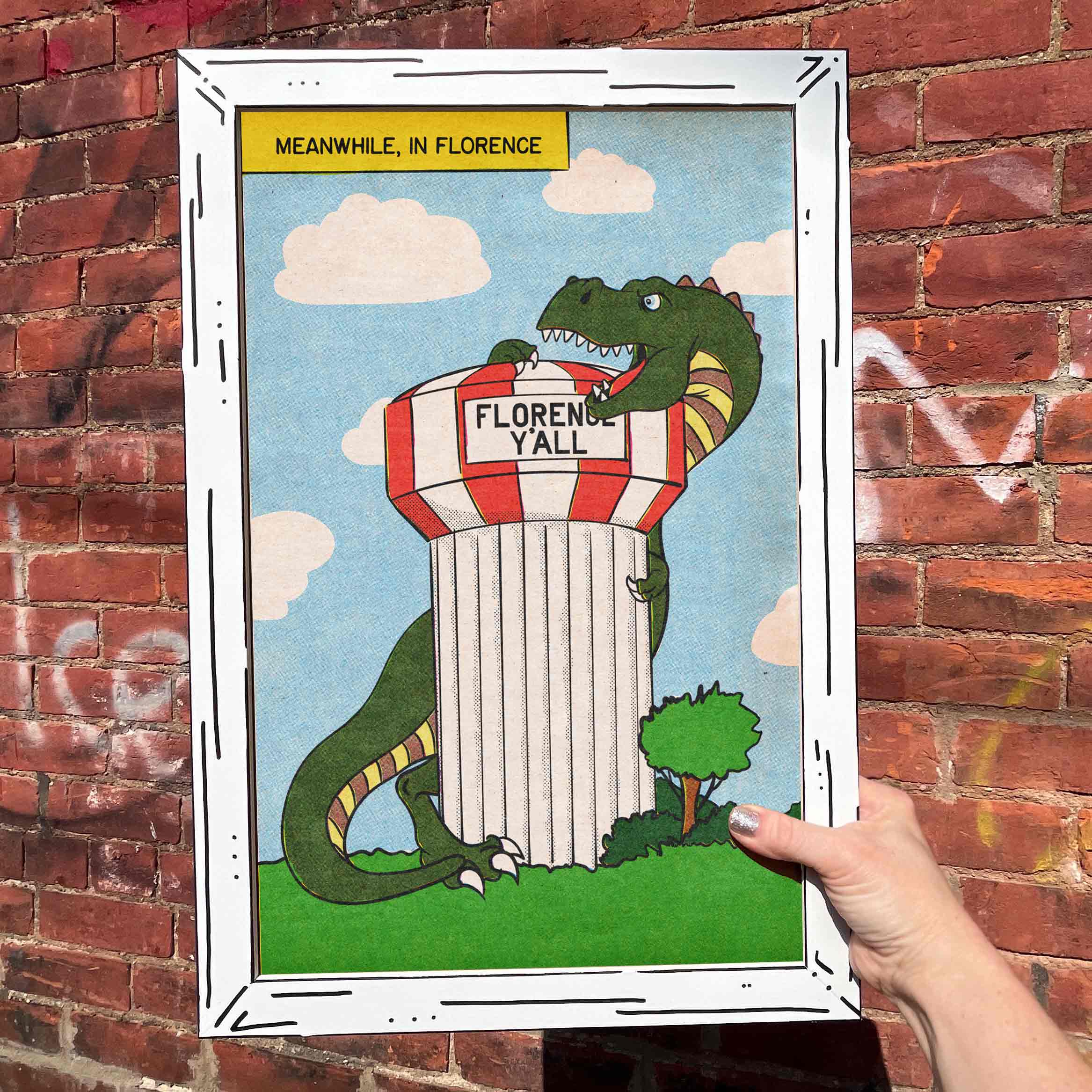 Florence Y’all Water Tower Under T-Rex Attack Artwork