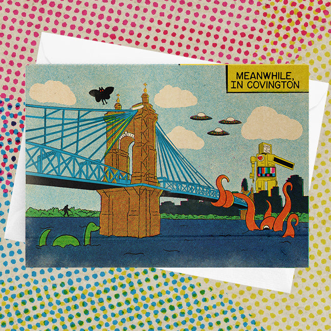 Covington Roebling Bridge Monster Attack Greeting Card